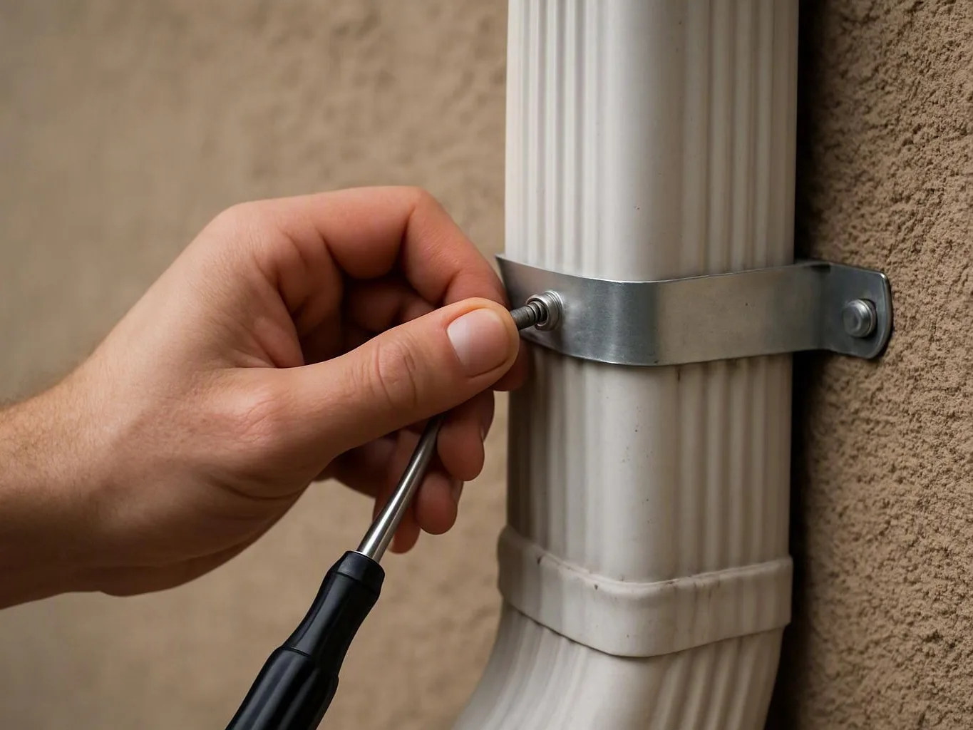 Hand tightening a metal clamp around a white downspout attached to a stucco wall
