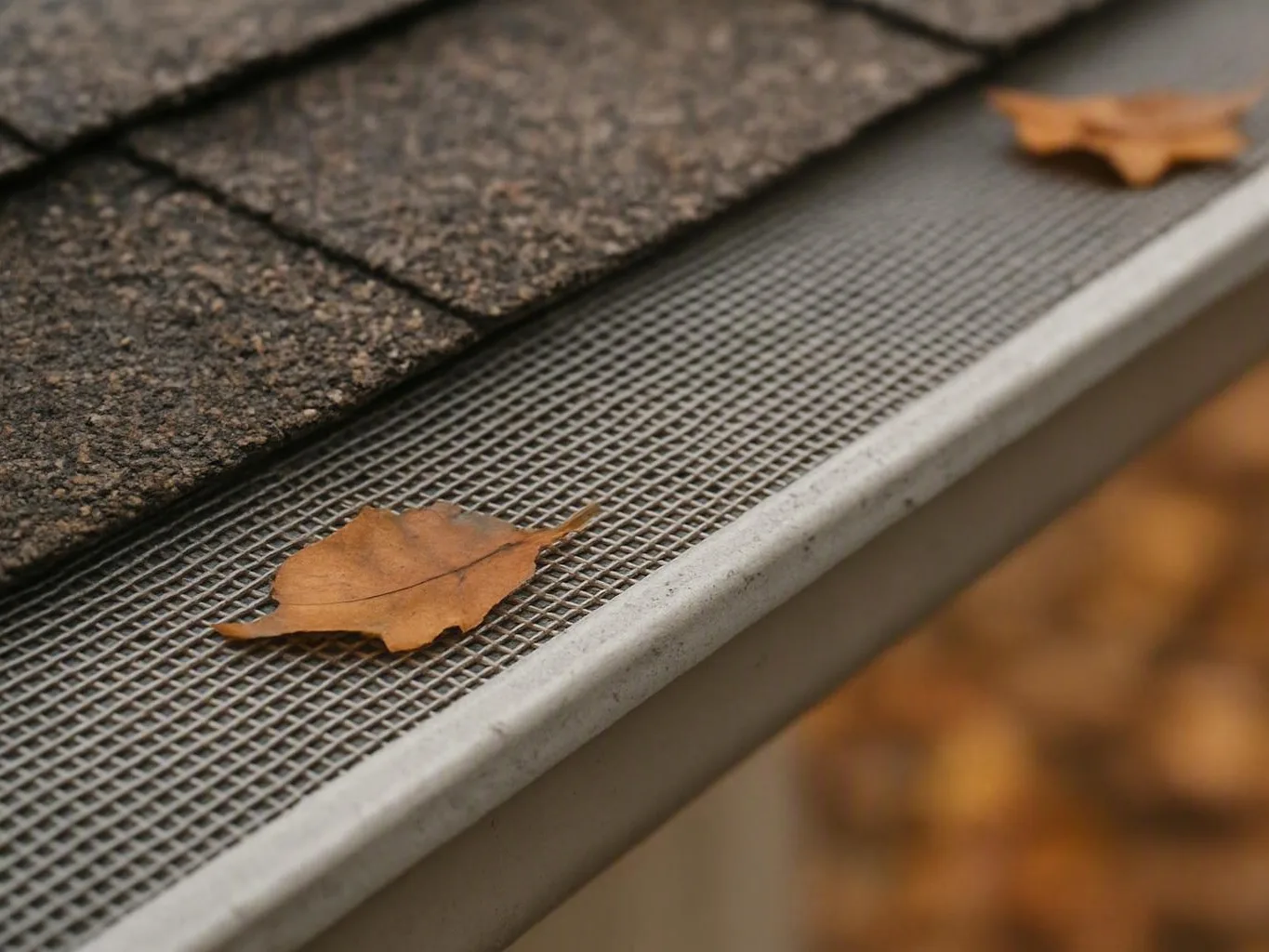 Autumn leaves resting inside a rooftop gutter beside dark shingles