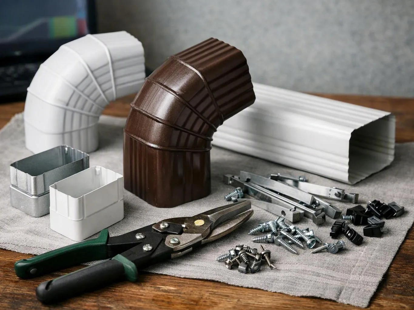 Metal duct parts, screws, and tin snips arranged around a brown elbow pipe on a