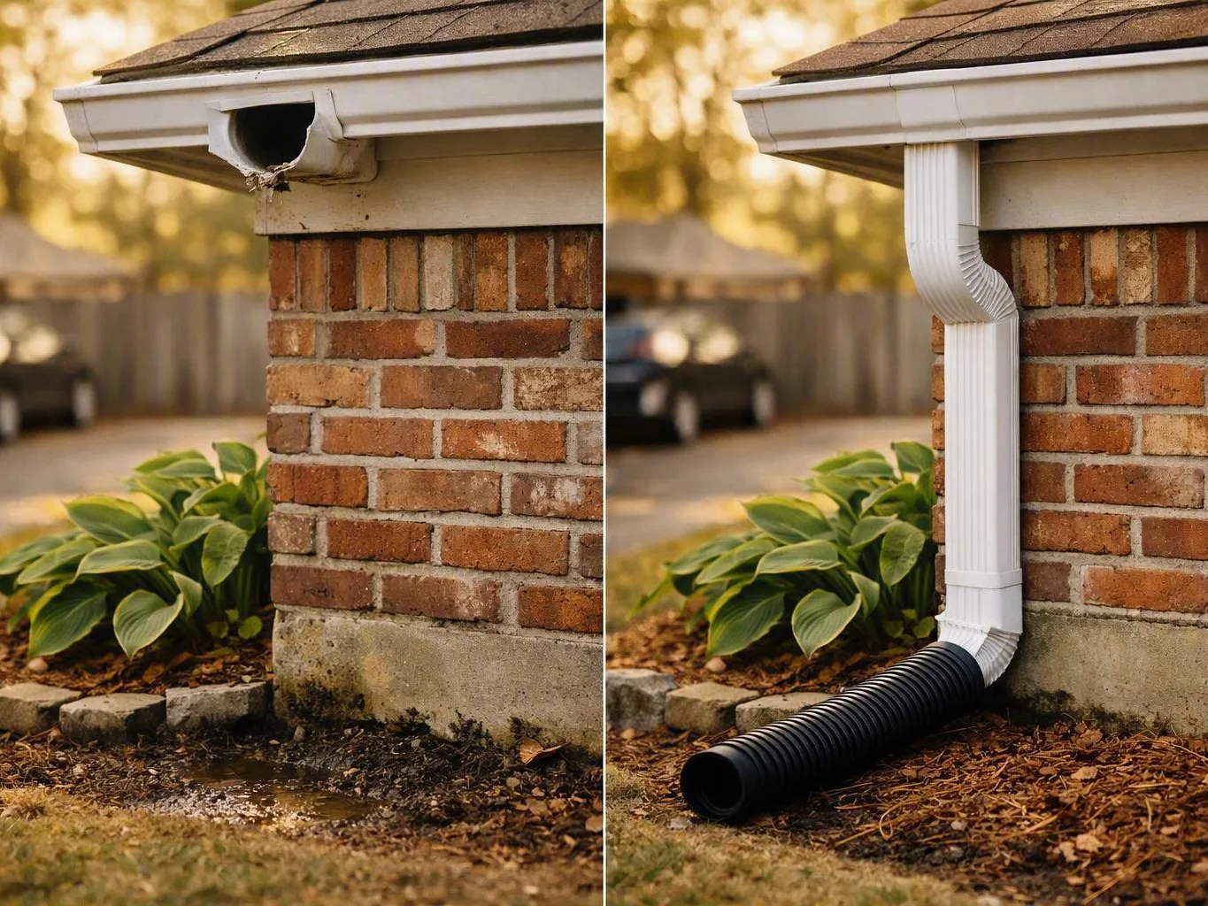 Split view shows a broken gutter draining water beside a brick house and a
