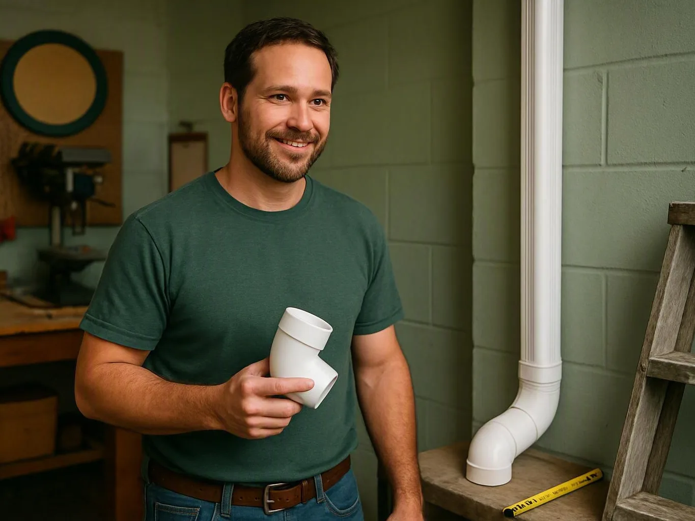 Smiling worker holds a white PVC pipe fitting beside a ladder in a workshop — What Methodology Does a Gutter Inspection Fo...