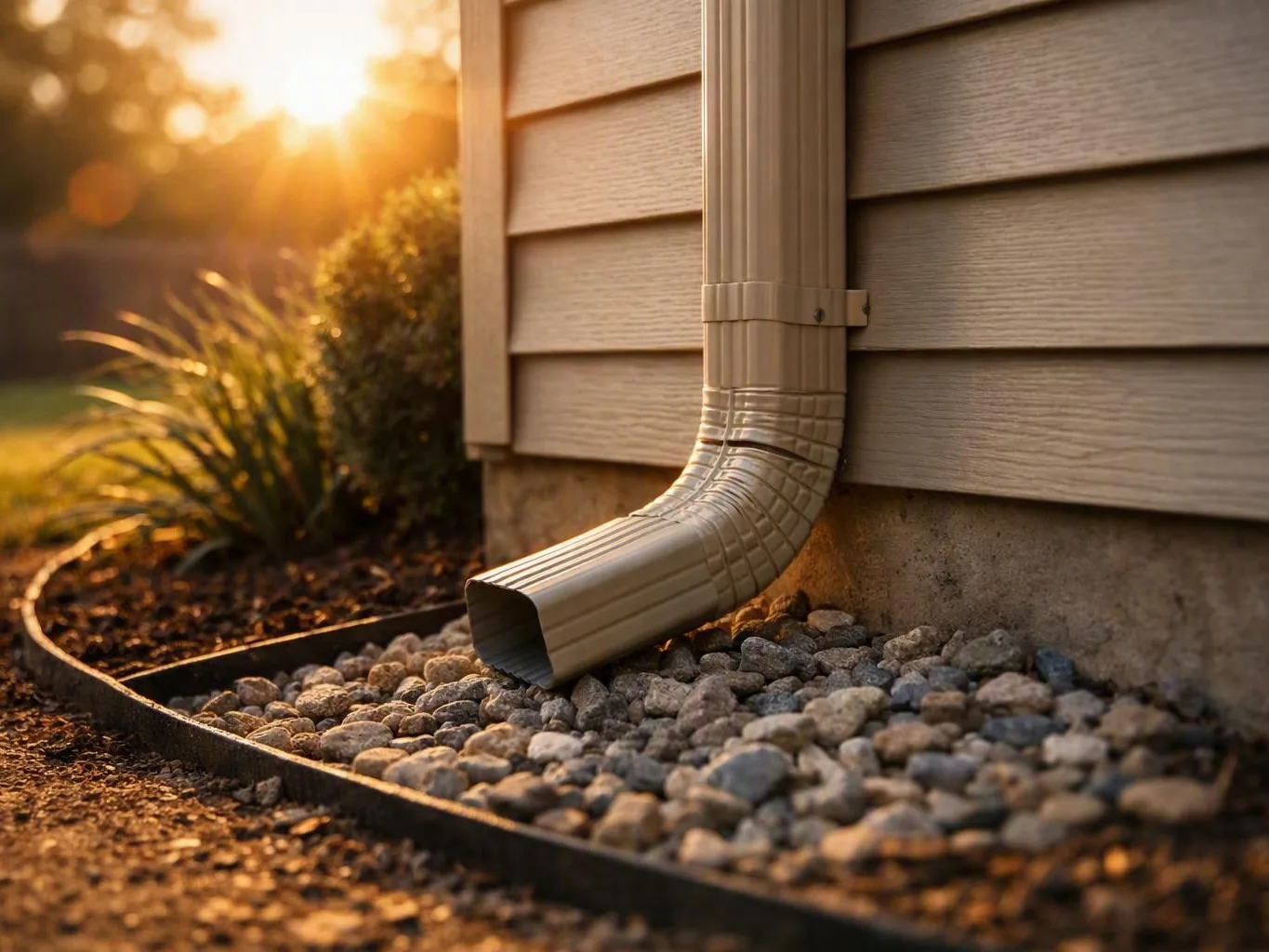 Beige downspout drains beside a house wall onto rocks in warm sunset light — What Methodology Does a Gutter Inspection Fol...