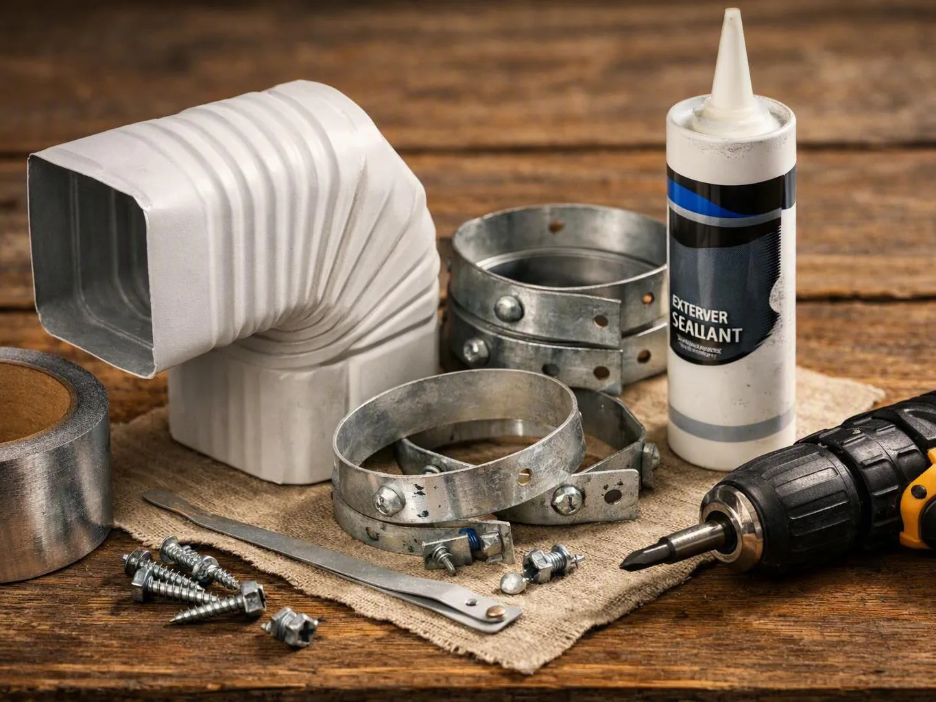White elbow duct, metal clamps, screws, sealant, and screwdriver arranged on a