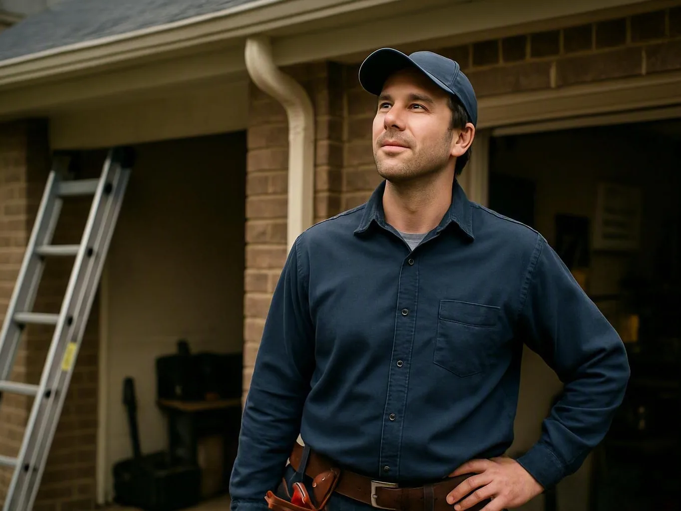 Man in a cap outside a brick house with a ladder beside the open garage