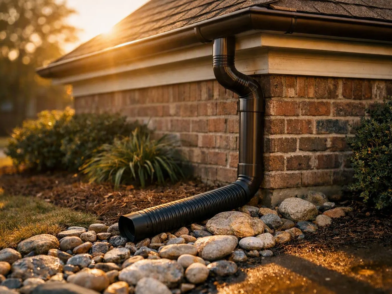 Black downspout extending from a brick house corner into a rock-lined yard at