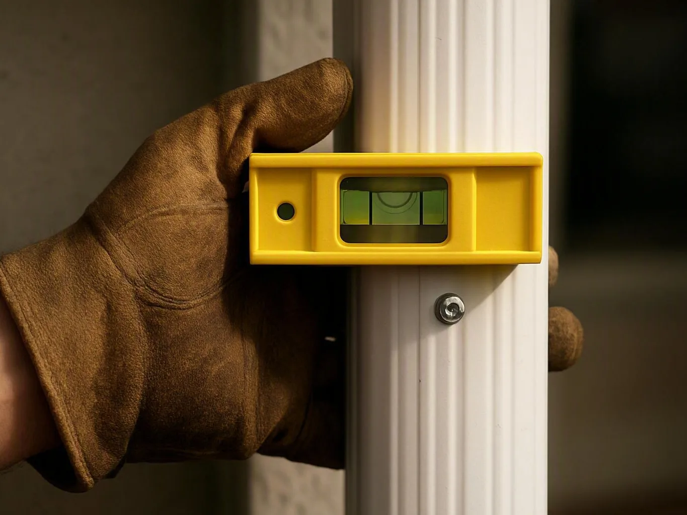 Gloved hand holding a yellow spirit level against a white indoor vertical post