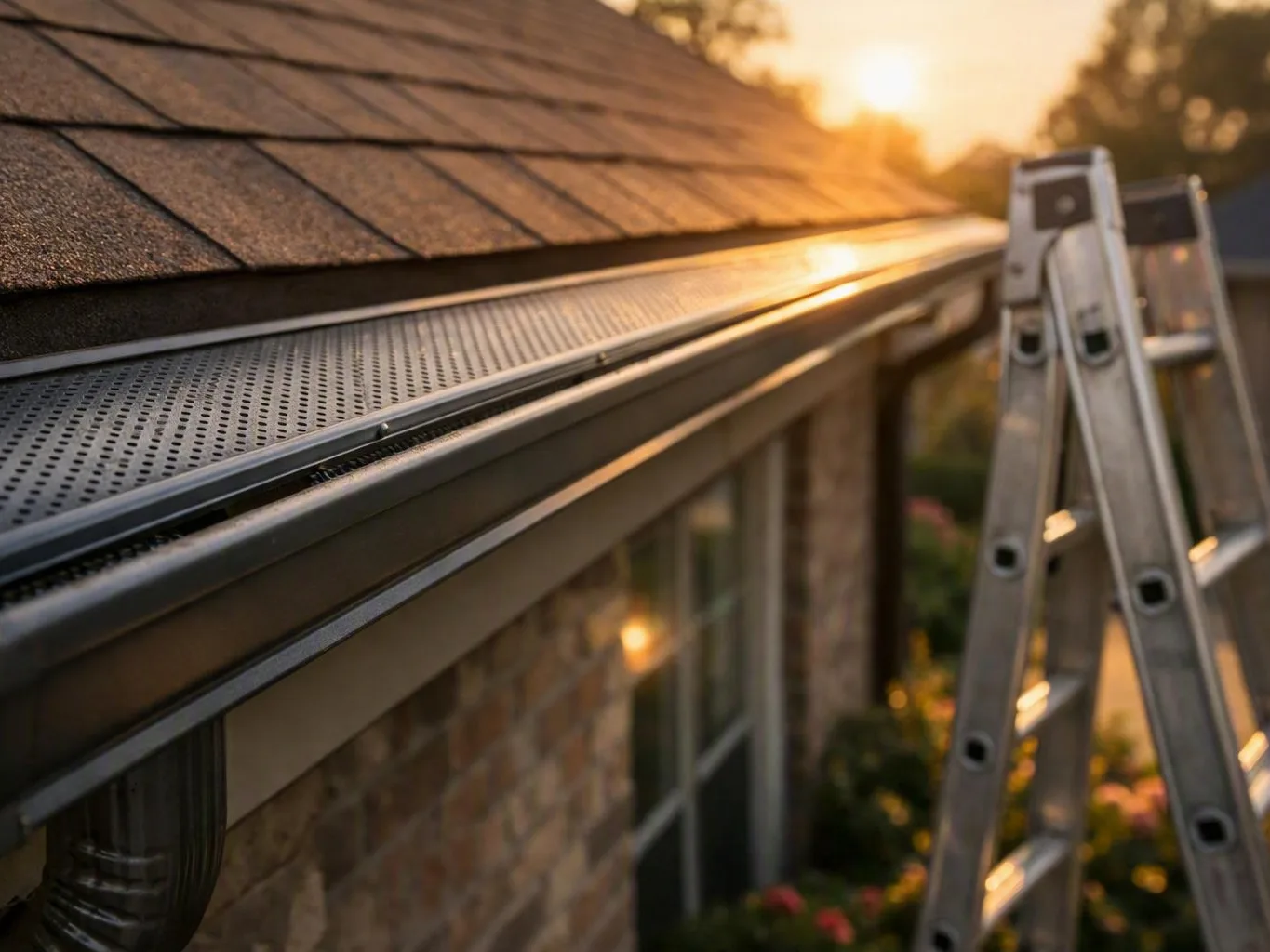 Metal ladder beside a shingled roof and gutters glowing in warm sunset light
