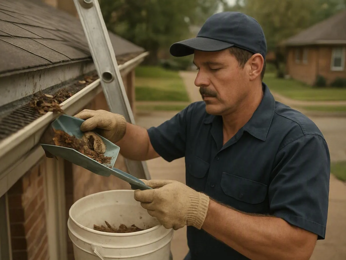 Gloved worker scooping gutter debris into a white bucket beside a ladder