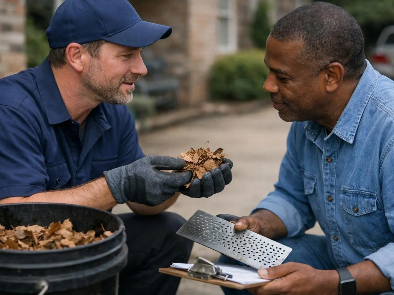 Two workers examining dry leaves and a perforated metal sheet beside a clipboard