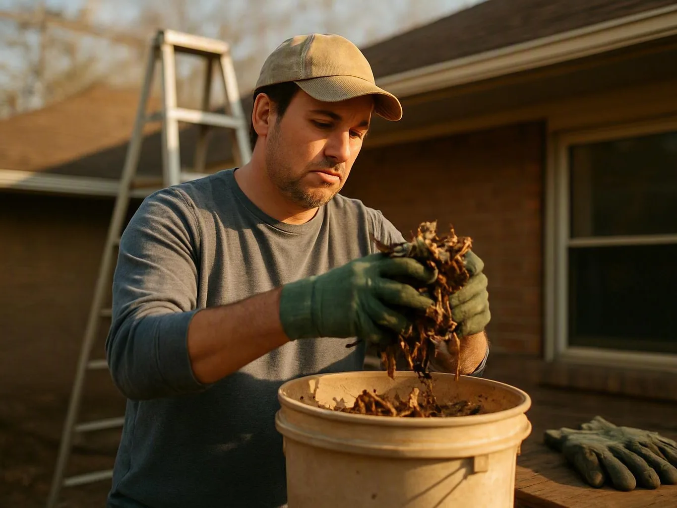 Gloved worker sorting dry leaves into a bucket beside a house and ladder