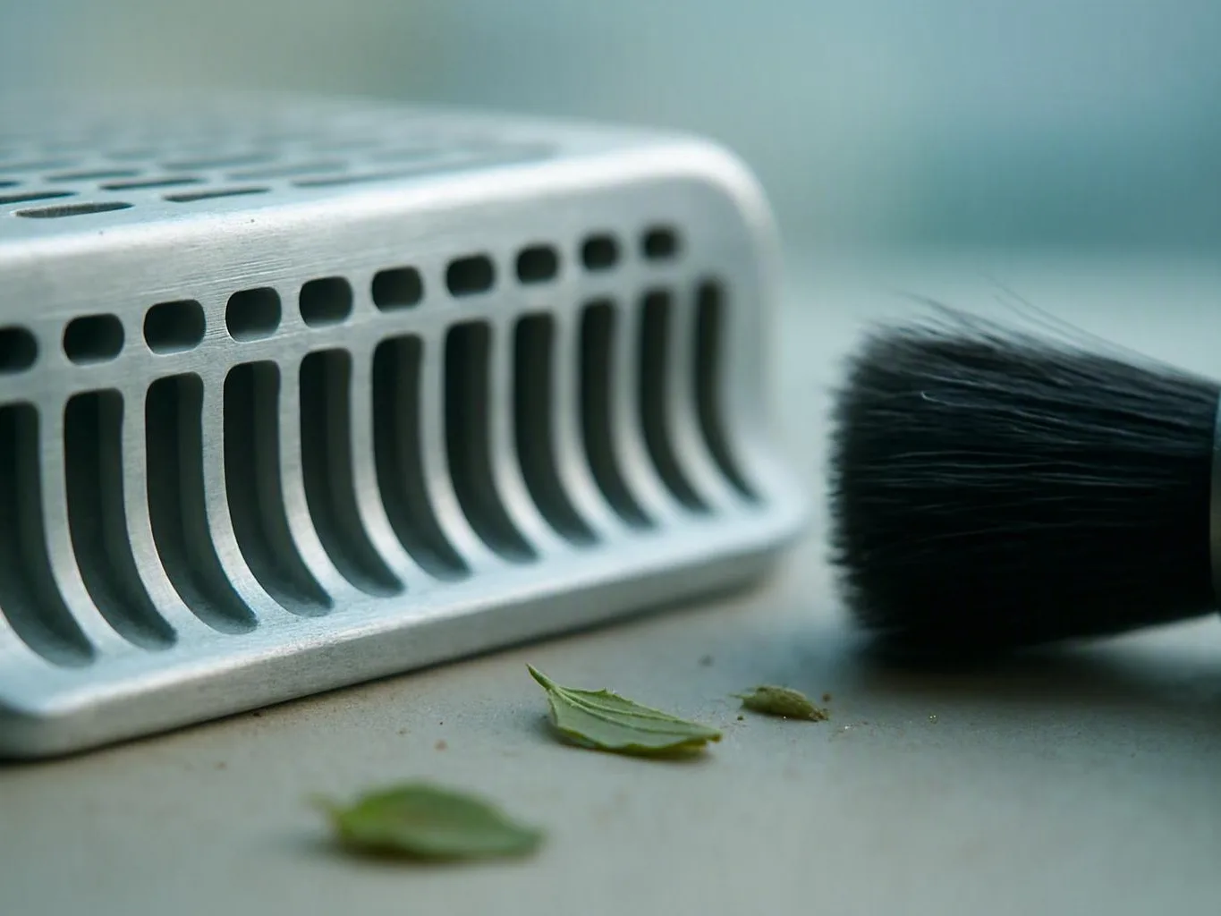 Black cleaning brush beside a vented metal block and scattered green leaf pieces