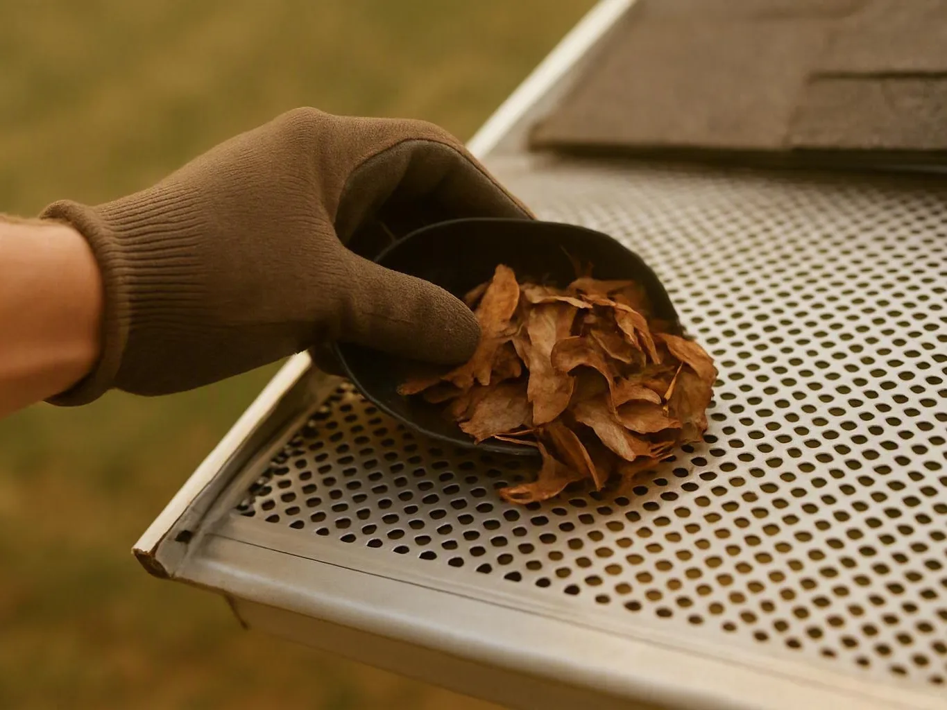 Gloved hand pouring dried leaves from a scoop onto perforated metal outdoors