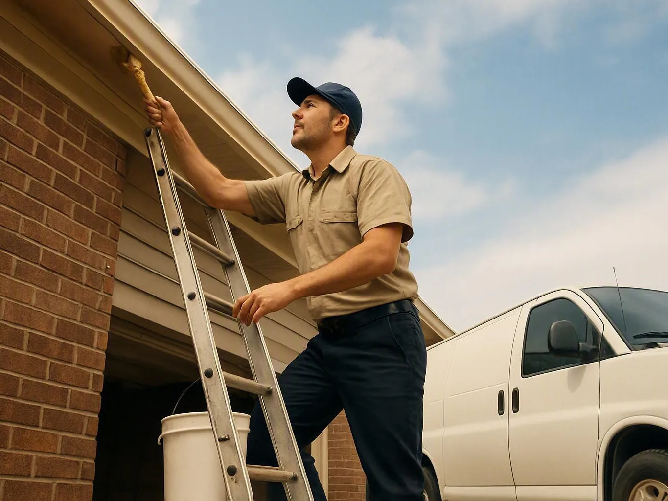 Worker painting a roof edge from a ladder beside a white service van