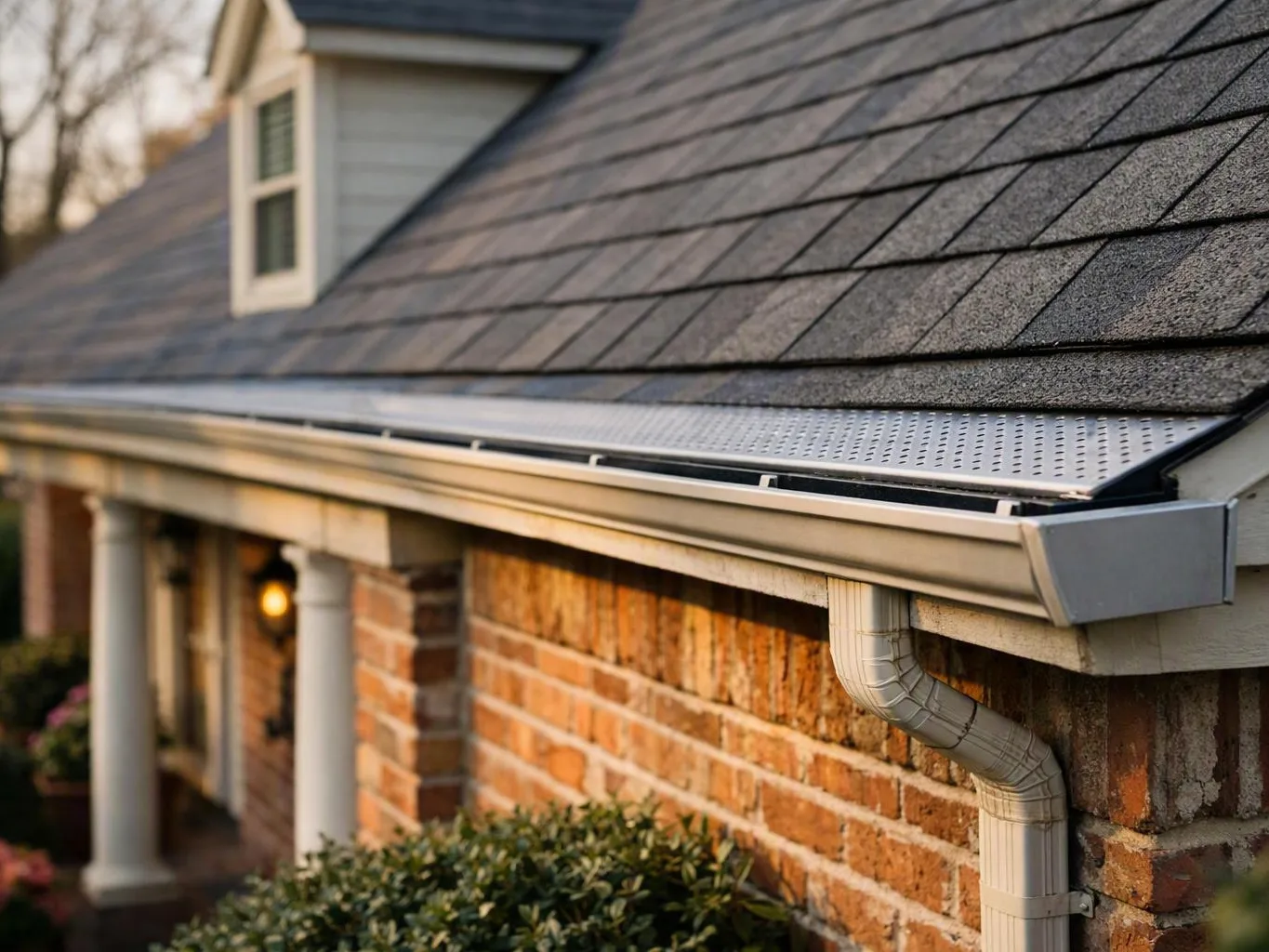 Residential roof with gutters and downspout above a brick wall and porch columns