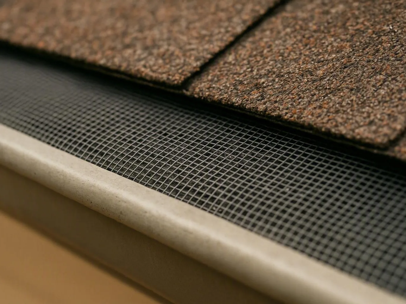 Close-up of brown roof shingles above a metal gutter guard with fine mesh