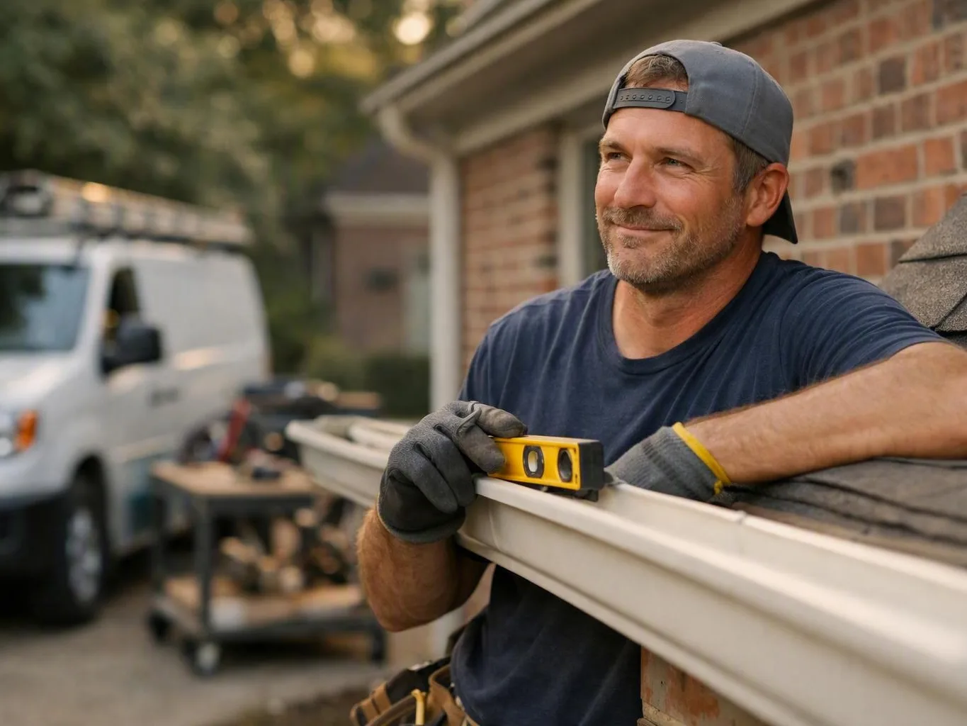 Gloved worker checks a brick home’s roof edge with a yellow level